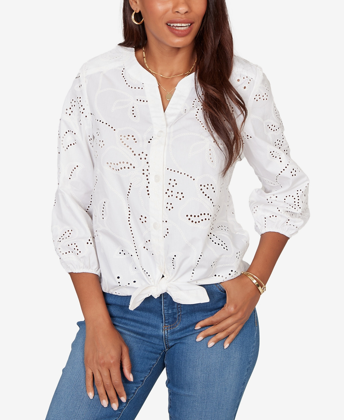 Ruby Rd. Petite Eyelet Puff Print Tie-Front Top - White | Macy's