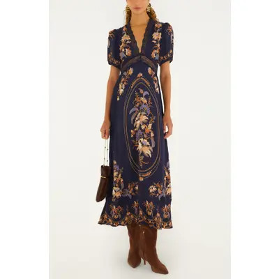 FARM Rio Lara Print Lace Trim Maxi Dress in Blue at Nordstrom, Size Medium | Nordstrom