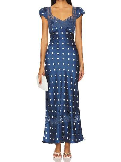 Women Y2K Lace Patchwork Mesh Maxi Dress Floral/Dot Print V Neck Cap Sleeve Bodycon Dress Summer ... | SHEIN