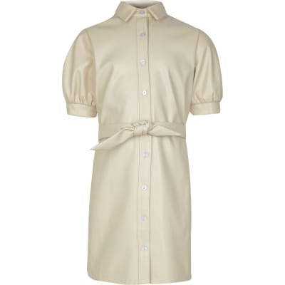 Girls cream faux leather shirt dress | River Island (UK & IE)