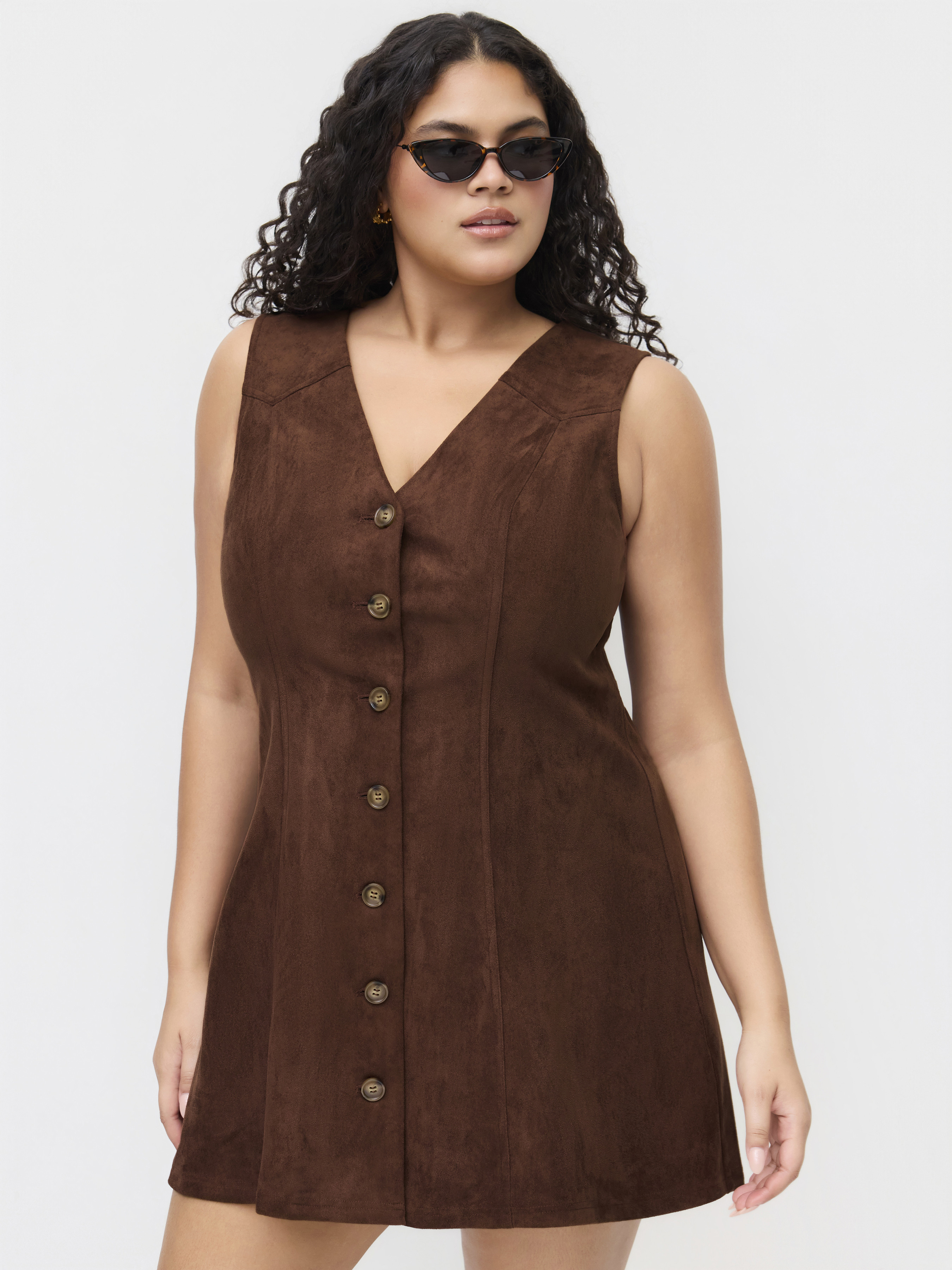 Suede Suede V-neck Button Knotted Mini Dress Curve & Plus For Daily Casual | Cider
