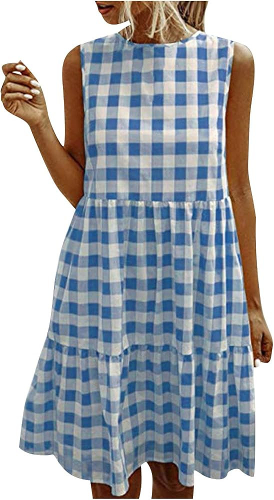 Ceboyel Women Gingham Linen Dress Boho Smocked Tiered Ruffle Dresses Plaid Summer Casual Sundress... | Amazon (US)