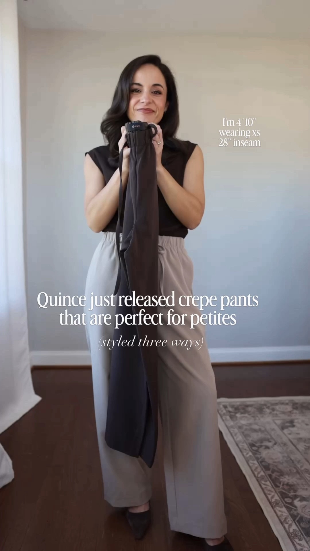 @Quince just released a new pair of crepe pants and they have an excellent petite fit! #quincepartner 

They have a 28” inseam, and a comfortable stretch drawstring waist. They come in a few different neutral colors so are easy to dress up and down. 

Stretch Crepe Drawstring Wide Leg: xs 
Draped Matte Cowl Neck Tank: xs 
Merino Wool Raglan Crewneck Cardigan: xs 
Comfort Stretch Trench Coat: xs in Dark Khaki 
Denim Jacket: xs 
Cotton Jersey Long Sleeve: xs 
Italian Leather Sneakers: size up ½ size