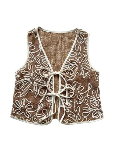OYOANGLE Women's Boho Textured Floral Jacquard Bow Tie Front Vest Tank Top Sleeveless Outerwear Brown Large | Amazon (US)