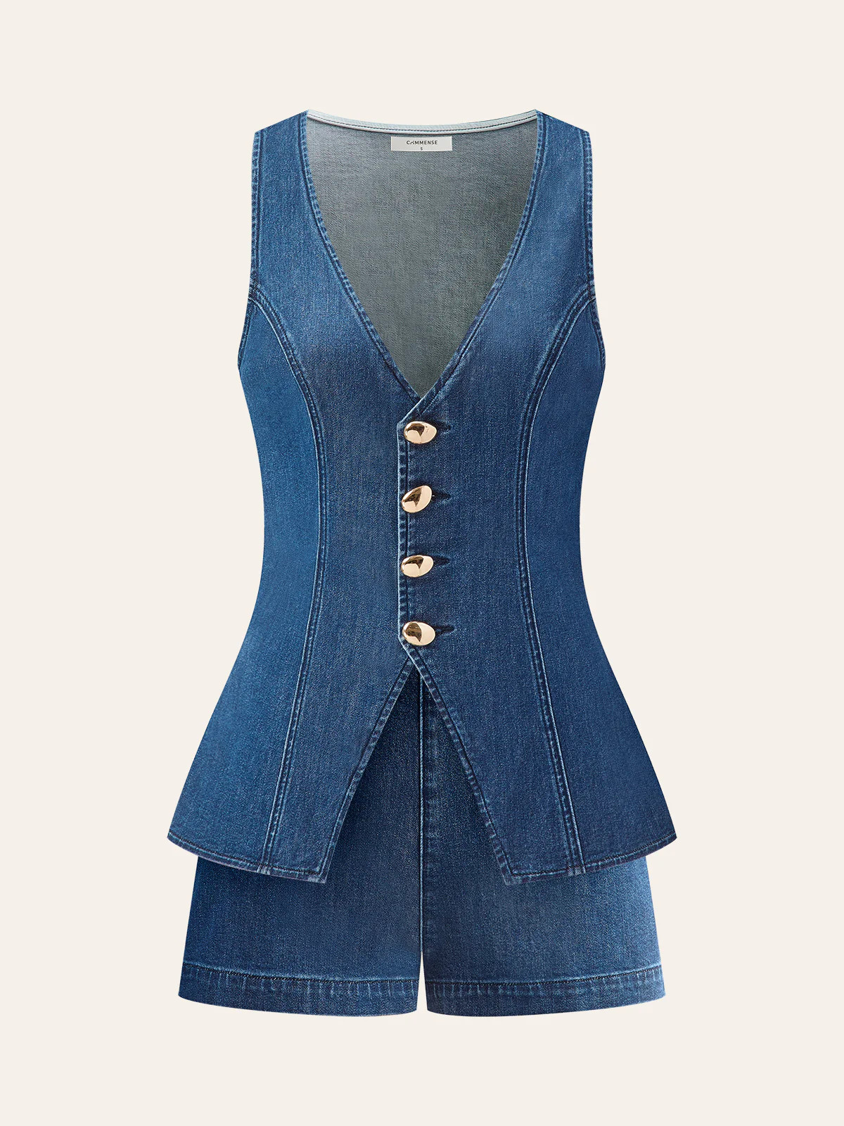 Metal Button Tie-Back Denim V-Neck Shorts Set | Commense