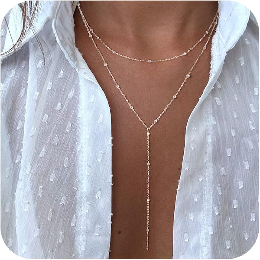CHESKY Dainty Long Gold Necklaces for Women, Trendy Lariat Y Necklace 14k Gold Plated Layered Beaded | Amazon (US)