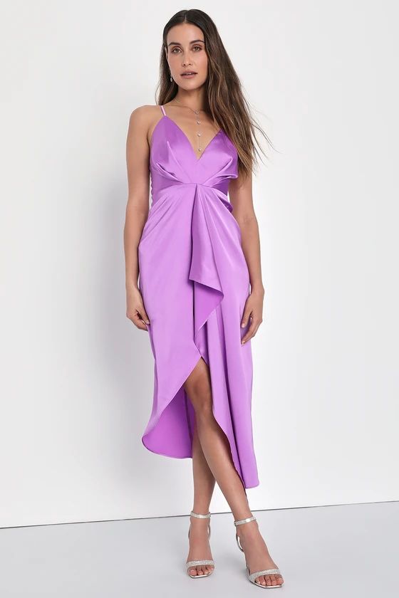 Caught Feelings Purple Satin Ruffled Midi Dress | Lulus