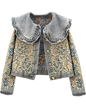 Women’s Sweet Peter Pan Collar Long Sleeve Jacquard Denim Jacket | Amazon (US)