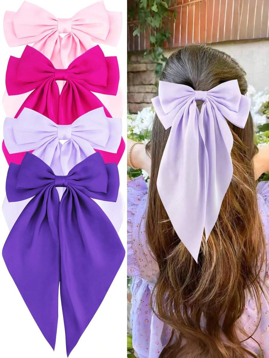 4Pcs Hair Bows Silky Satin Bows For Hair Ribbons Oversized Long Tail Hair Bow Clips Barrettes Big... | SHEIN