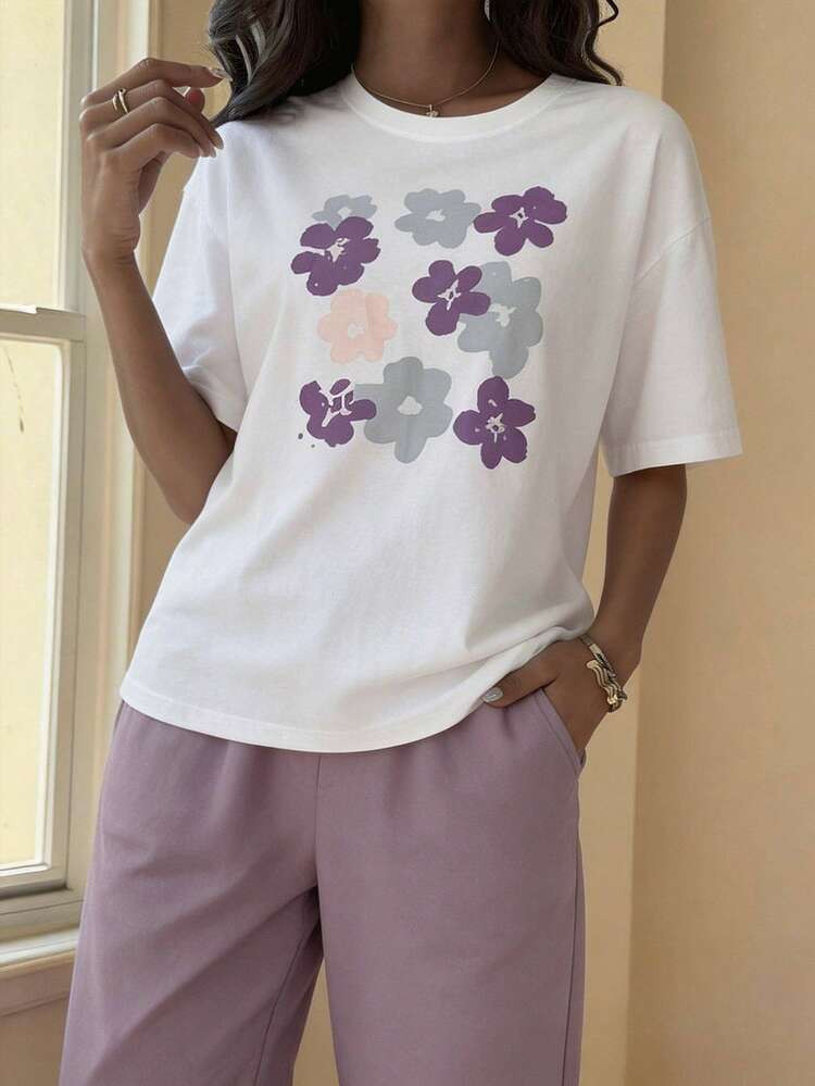 DAZY Floral Print Drop Shoulder Tee & Pants Lounge Set Pajama | SHEIN