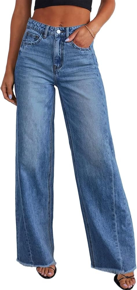 Sidefeel Women's Wide Leg Jeans High Waisted Stretchy Raw Hem Zimbaplatinum Denim Pants | Amazon (US)