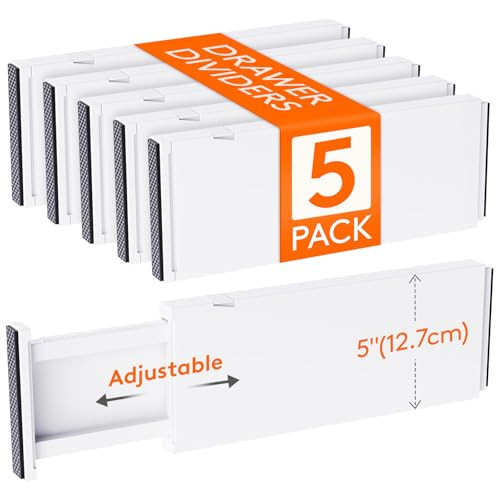 Lifewit 5 Pack 5" High Drawer Divider, 13.5-22" Expandable Deep Drawer Dividers for Clothes, Adjustable Dresser Drawer Organizers, Clothing Drawer Separators for Dresser, Kitchen, Bedroom, White | Amazon (US)