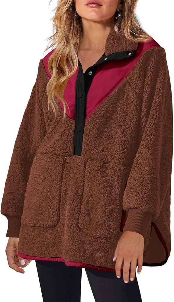 Panadila Womens Half Snap Fleece Pullover Oversized Fuzzy Sweatshirt with Pockets Trendy Warm She... | Amazon (US)