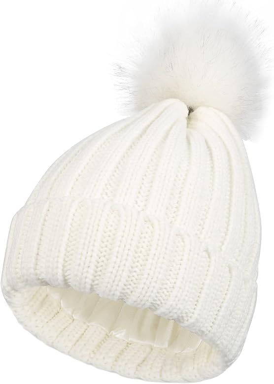 Muryobao Womens Winter Beanie Hat Satin Lined Faux Fur Pom Pom Cuffed Knit Skull Cap | Amazon (US)
