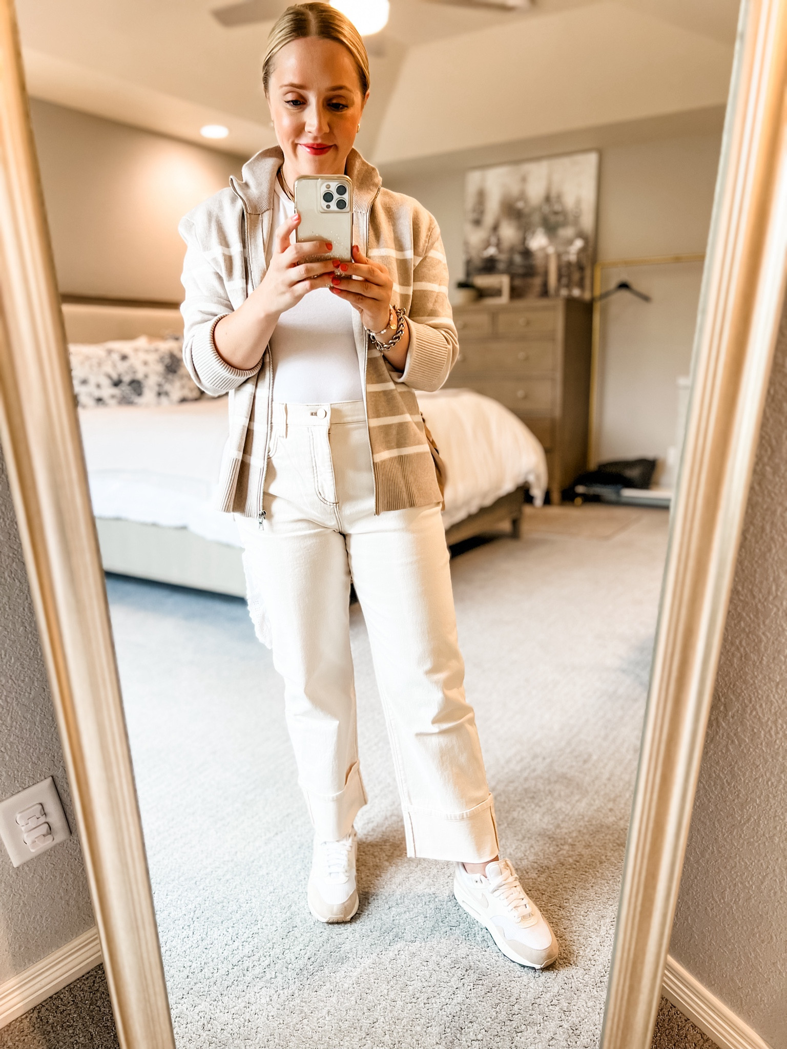 Early fall outfit! Suggest a size down in these petite boyfriend jeans. T shirt is fitted and suggest a size up if between sizes. Striped sweater jacket fits tts. 

Fall outfit, jeans, petite jeans, boyfriend jeans, fall outfits

#LTKSaleAlert #LTKSeasonal