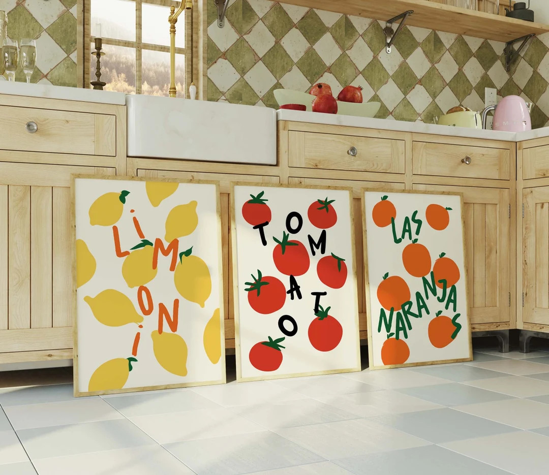 Set of 3 Retro Maximalist Kitchen Wall Art Print, Trendy Lemons, Tomatoes, and Oranges Print Set,... | Etsy (US)