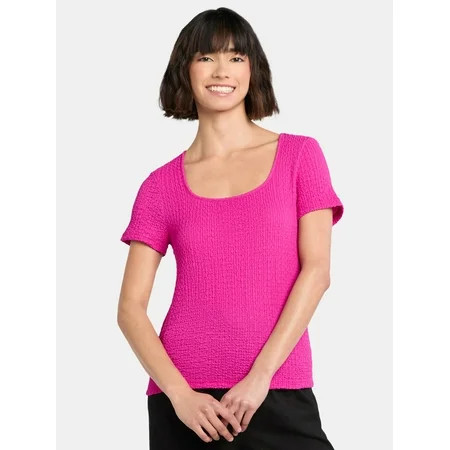 Time and Tru Women s Square Neck Pucker Tee with Short Sleeves Sizes XS-XXXL | Walmart (US)