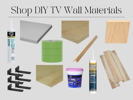 DIY TV Accent Wall Project Materials. MDF boards, plywood, pine boards, wooden corner trim, painter’s tape, liquid nails, floating shelf brackets, LVP flooring, wood filler  

#LTKhome