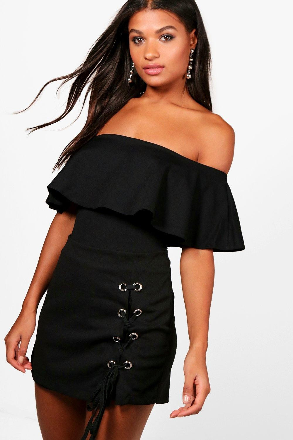 Womens Crepe Frill Off The Shoulder One Piece - Black - 6 | Boohoo.com (US & CA)