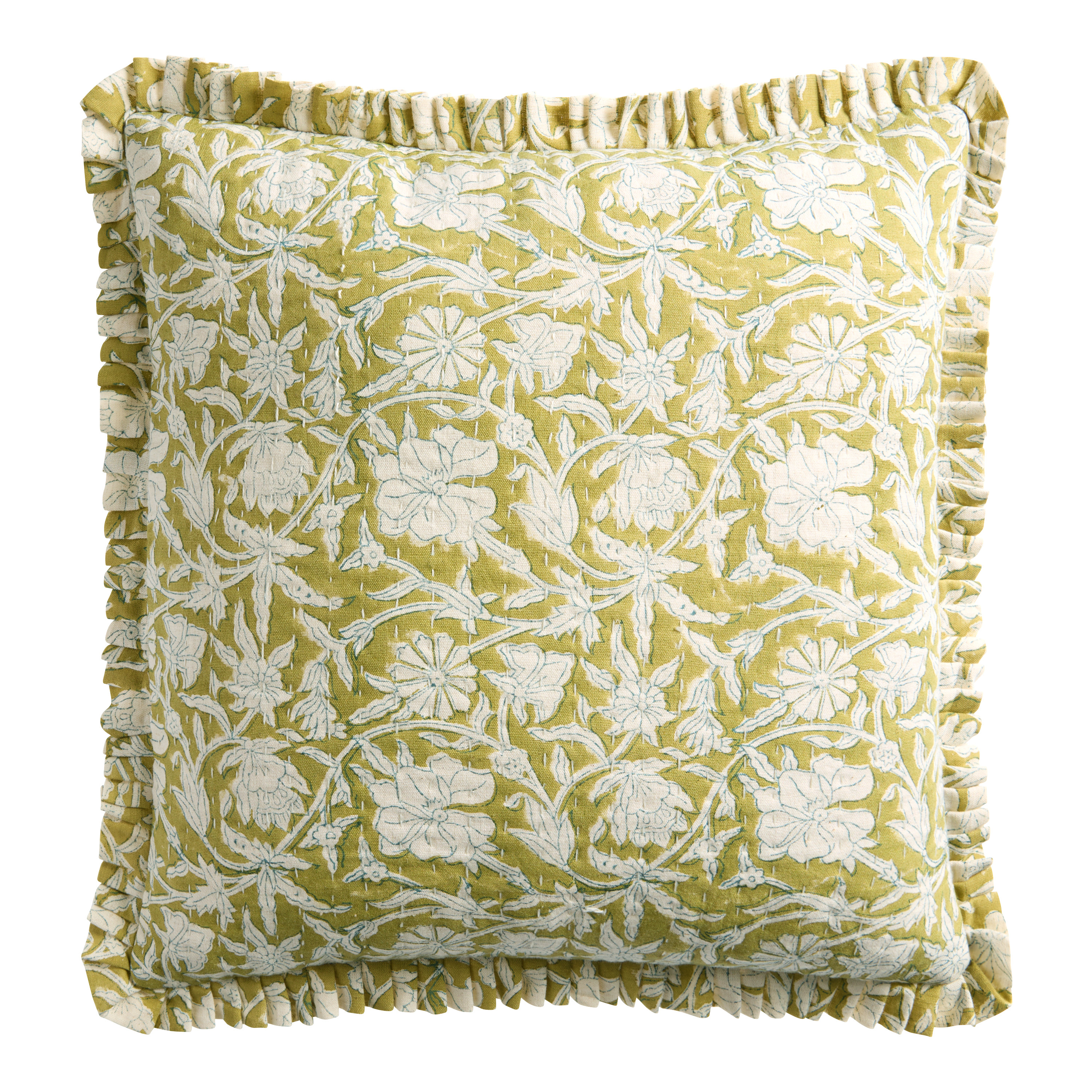 Sage Green and Blue Floral Ruffle Block Print Throw Pillow | World Market