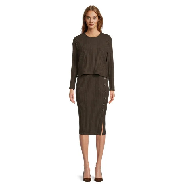 Time and Tru Women's Rib Knit Long Sleeve Top and Midi Skirt Set, 2-Piece , Sizes XS-XXL | Walmart (US)
