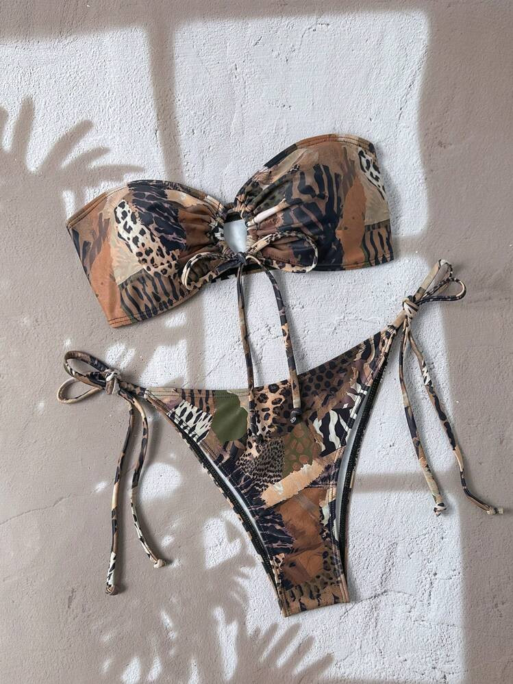 Swim Vcay 2pcs Women's Random Print Bandeau Tied Sexy Strapless Bikini Set, Summer | SHEIN