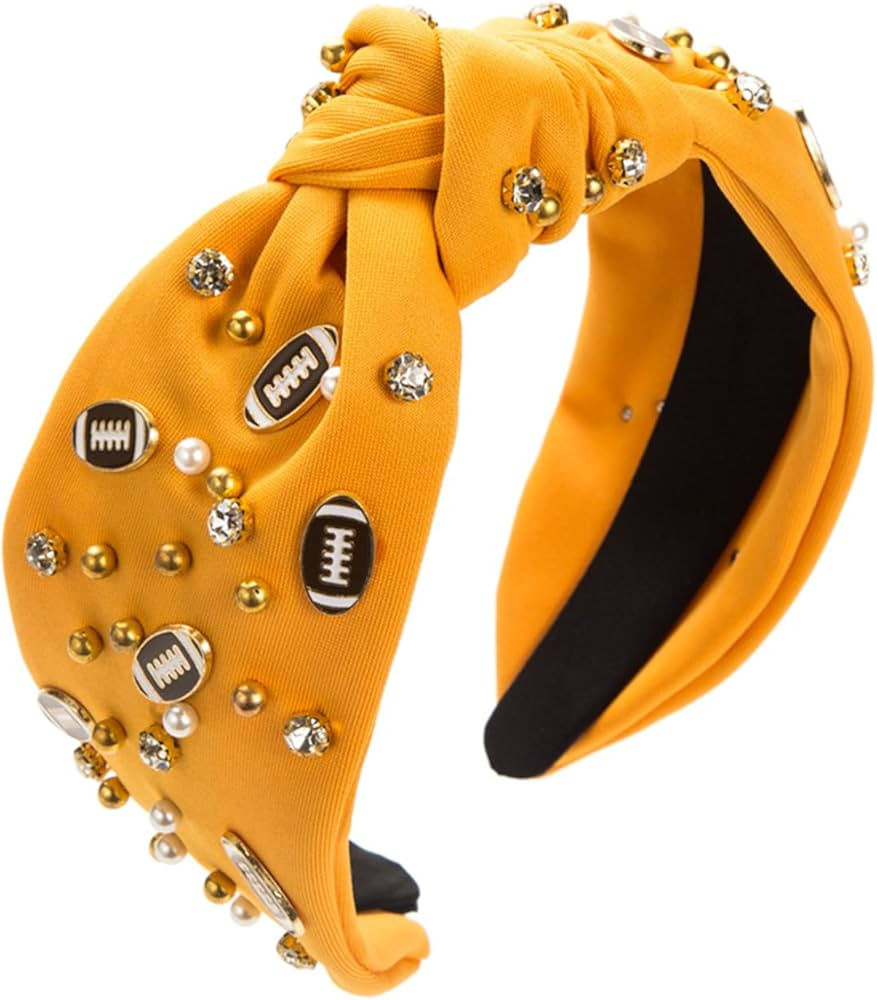 Women Fashion Football Headband Pearls Rhinestones Jeweled Top Knotted Wide Hairband For Football... | Amazon (US)