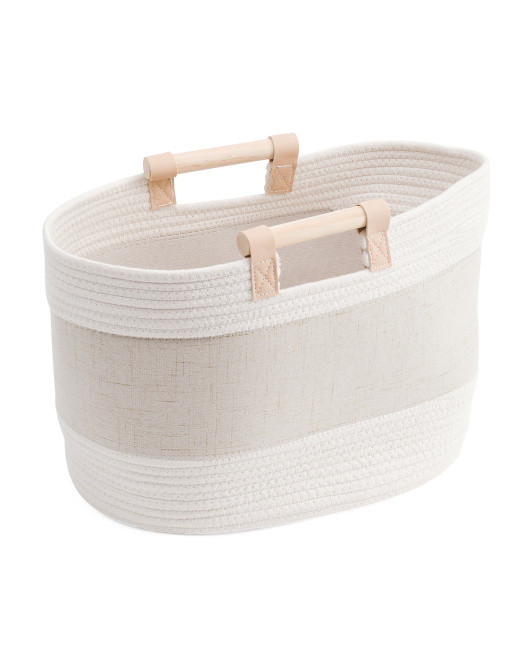Small Cotton Rope Oval Basket With Wooden Pole Handles | Marshalls