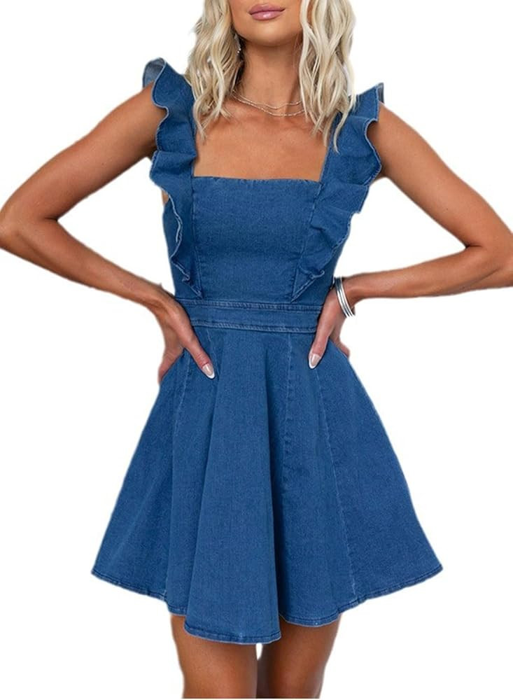 utcoco Denim Dress for Women Ruffle Adjustable Strap Sleeveless Backless Babydoll Mini Jean Dress... | Amazon (US)