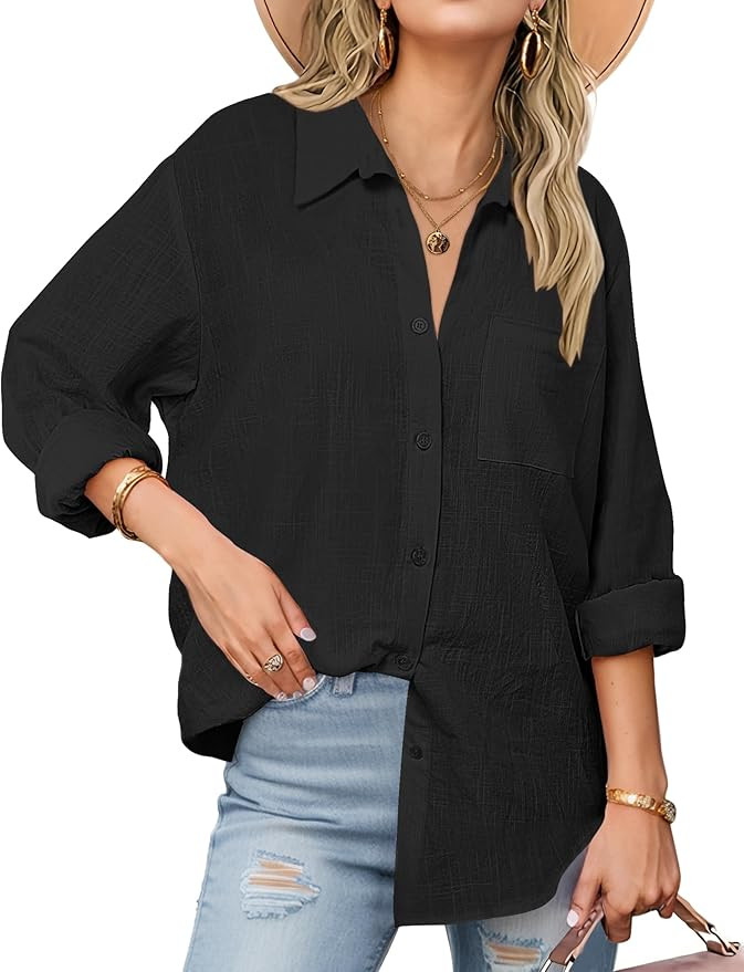 Zeagoo Womens Button Down Shirts Long Sleeve Cotton Gauze Tops Casual Collared Blouses Loose Fit | Amazon (US)