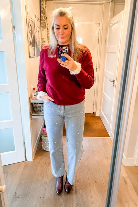 Ootd - Monday. Another work uniform. Burgundy sweatshirt, faux lace cuffs, pearl necklace, pearl studded jeans, burgundy booties (old). Slim ribbon bow in hair. 



#LTKmidsize #LTKover40 #LTKstyletip