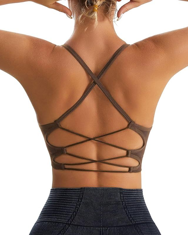 Sports Bras for Women, Sexy Crisscross Back Seamless Padded Longline Sports Bra Pack with Removab... | Amazon (US)