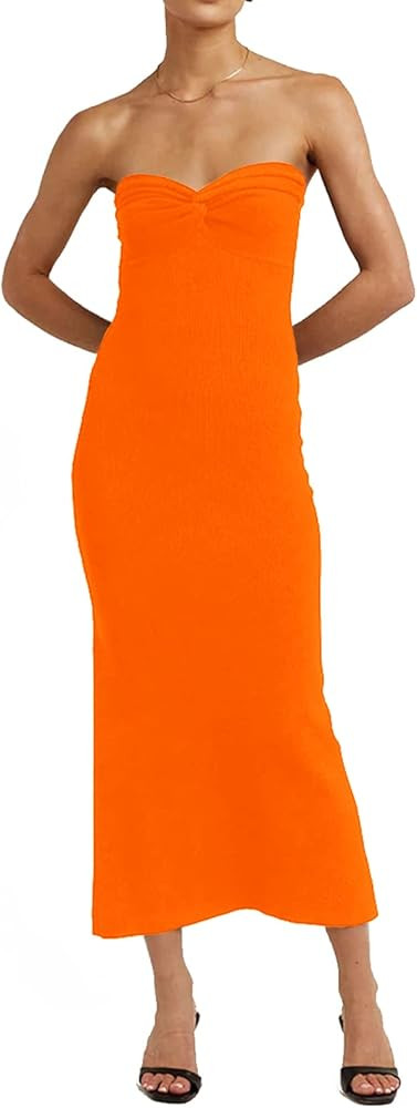 Women’s Midi Dress Sexy Sweetheart Neck Ribbed Knit Twisted Backless Sleeveless Summer Beach Pa... | Amazon (US)