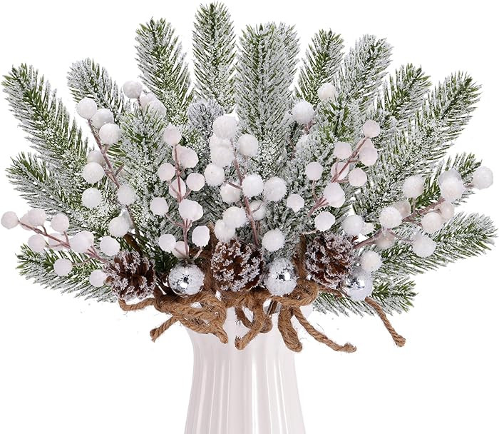 6 Pack 14Inch Artificial Christmas Snow Frosted Berries Pine Picks White Berry Branches Faux Pine... | Amazon (US)