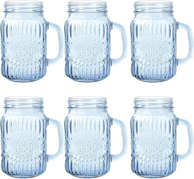 Mason Jar Drinking Glasses with Handle, 6 Pack, 16 Oz Vintage Embossed Blue Mason Jar Cups for Ic... | Amazon (US)