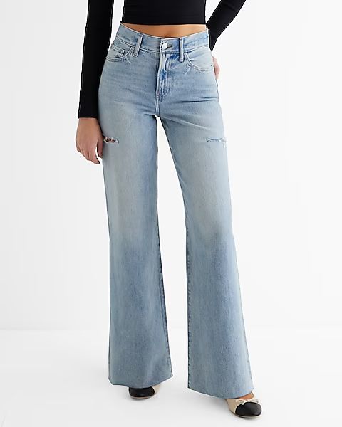 High Waisted Light Wash Raw Hem Ripped Sides Wide Leg Jeans | Express (Pmt Risk)