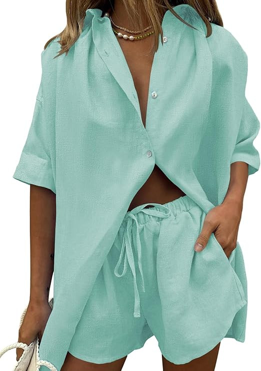 Fixmatti Women 2 Piece Outfits Long Sleeve Button Down Blouse and Shorts Sweatsuit Sets | Amazon (US)