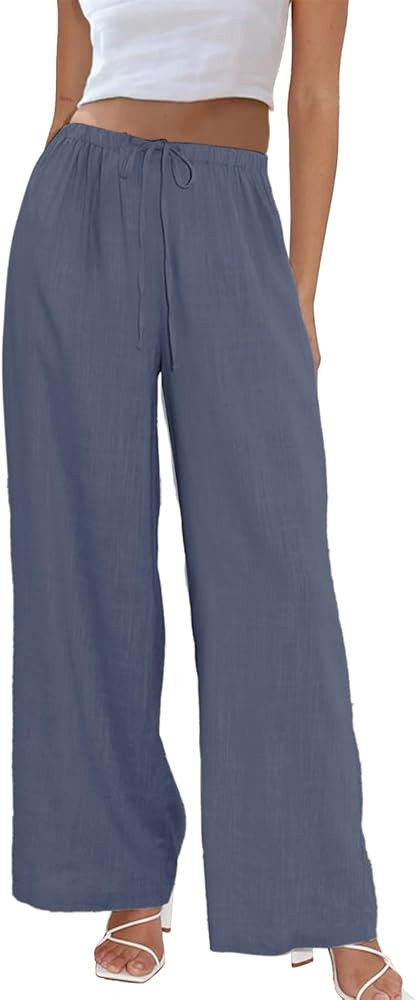 Duyang Womens Cotton Linen Palazzo Pants Drawstring Elastic Waist Casual Wide Leg Trousers with P... | Amazon (US)