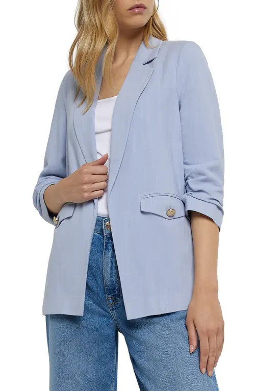 River Island Open Front Ruched Sleeve Linen Blend Blazer in Light Blue at Nordstrom, Size 10 | Nordstrom