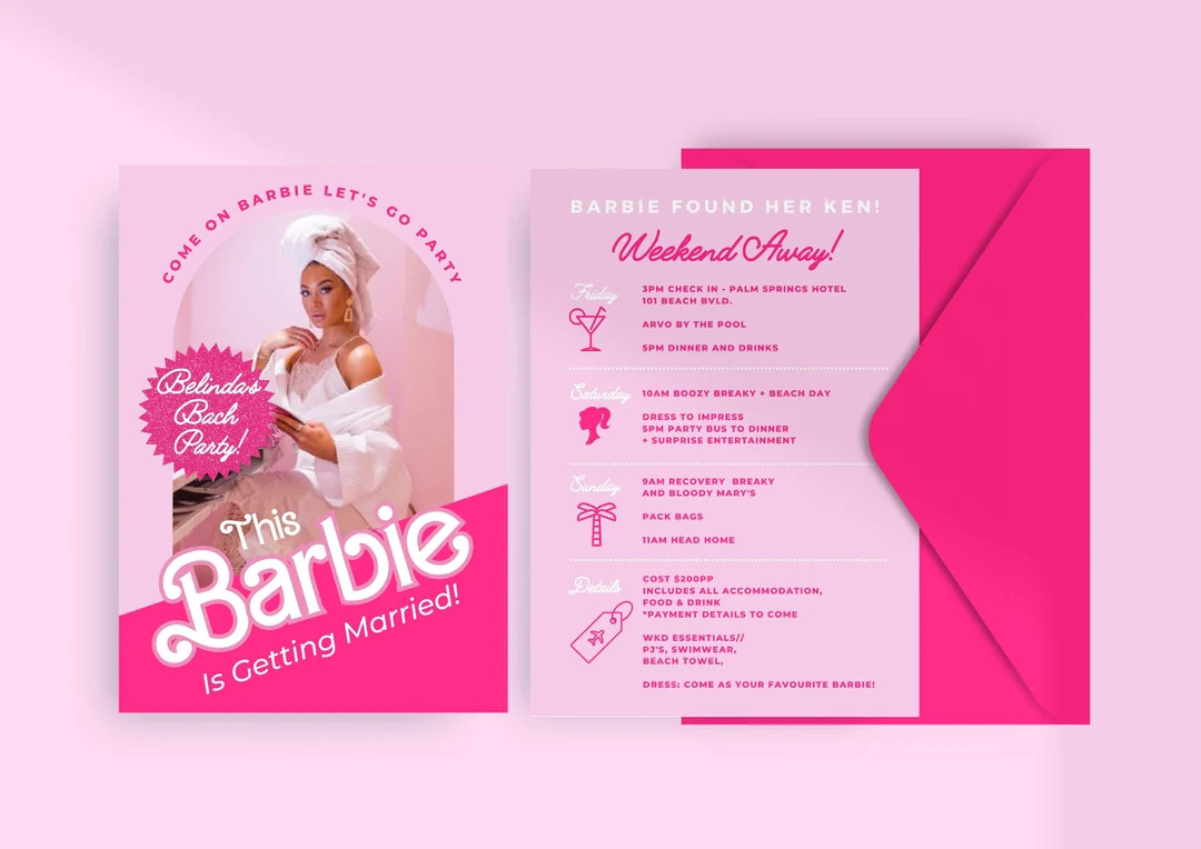 Invitation & Itinerary // B A R B I E // Bachelorette Party Digital and Print Pink Doll Bridal Sh... | Etsy (US)