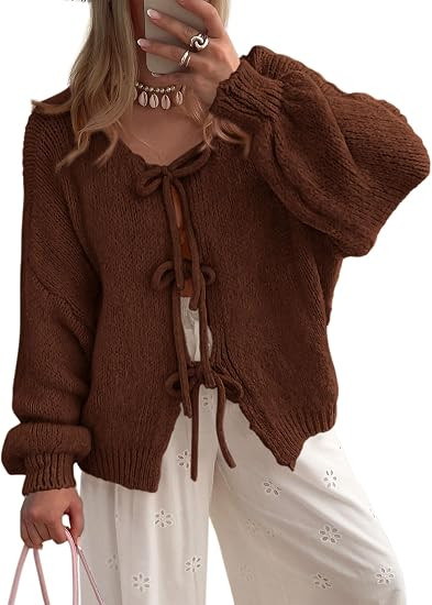 PRETTYGARDEN Women's Tie Front Bow Cardigan Sweaters | Cozy Chunky Knit, Long Puff Sleeve, Open F... | Amazon (US)