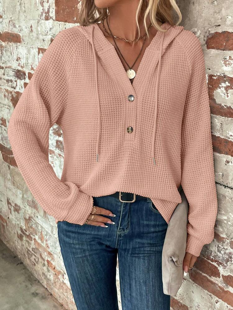 SHEIN Clasi Half Button Raglan Sleeve Drawstring Hoodie,Long Sleeve Tops | SHEIN