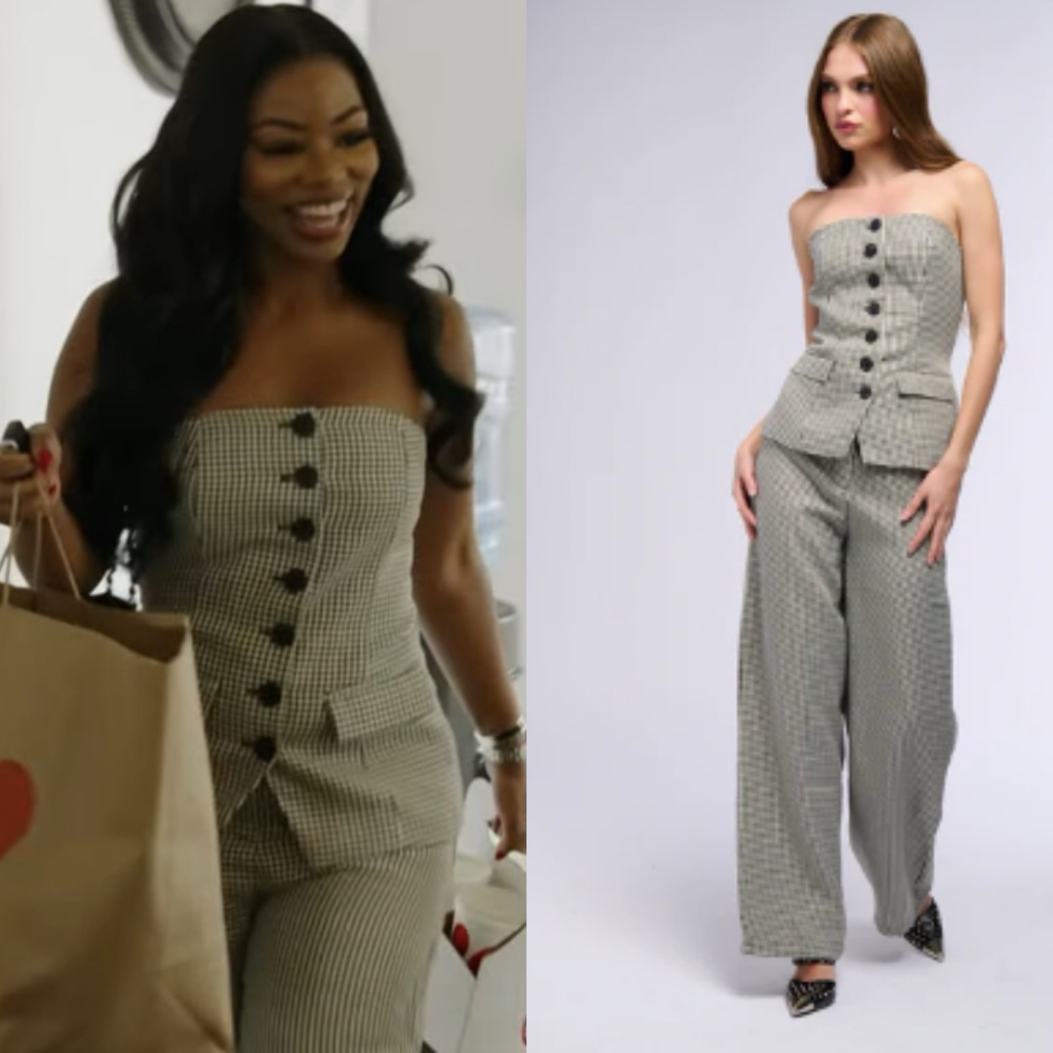 Keiarna Stewart’s Plaid Strapless Button Down and Matching Pants