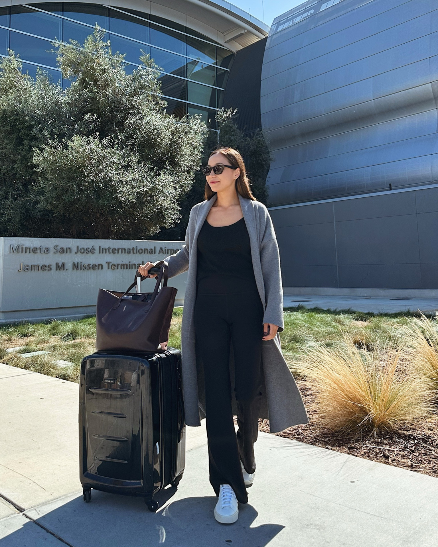 airport / travel outfit for fall 

Mango coatigan - a favorite of mine for travel days, I wear xs 
Athleta flare pants - love that these have pockets, I wear xs 
Target sweater tank xs 
Jcrew leather and suede tote 
Amazon luggage 

#LTKsalealert #LTKtravel