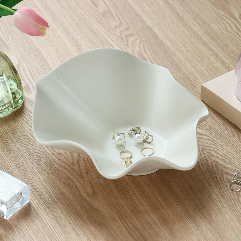 Home Decor Collection Ruffle Shaped Off-White Ceramic Indoor Tabletop Decorative Bowl | Walmart (US)