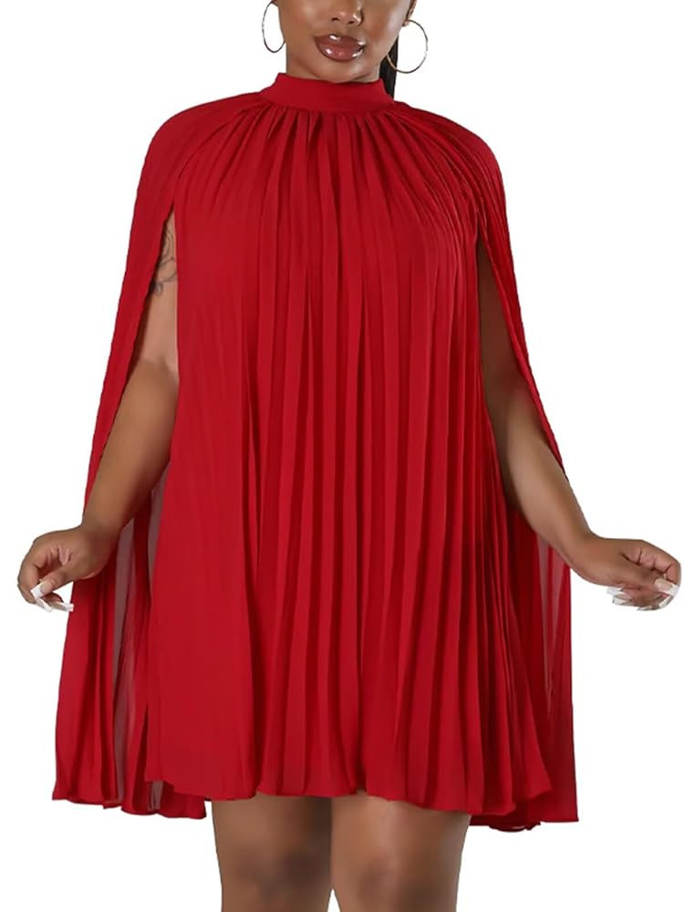 Women’s Casual Cape Sleeve Pleated Split Short Dress Loose Fit Cocktail Party Flowy Dress | Amazon (US)