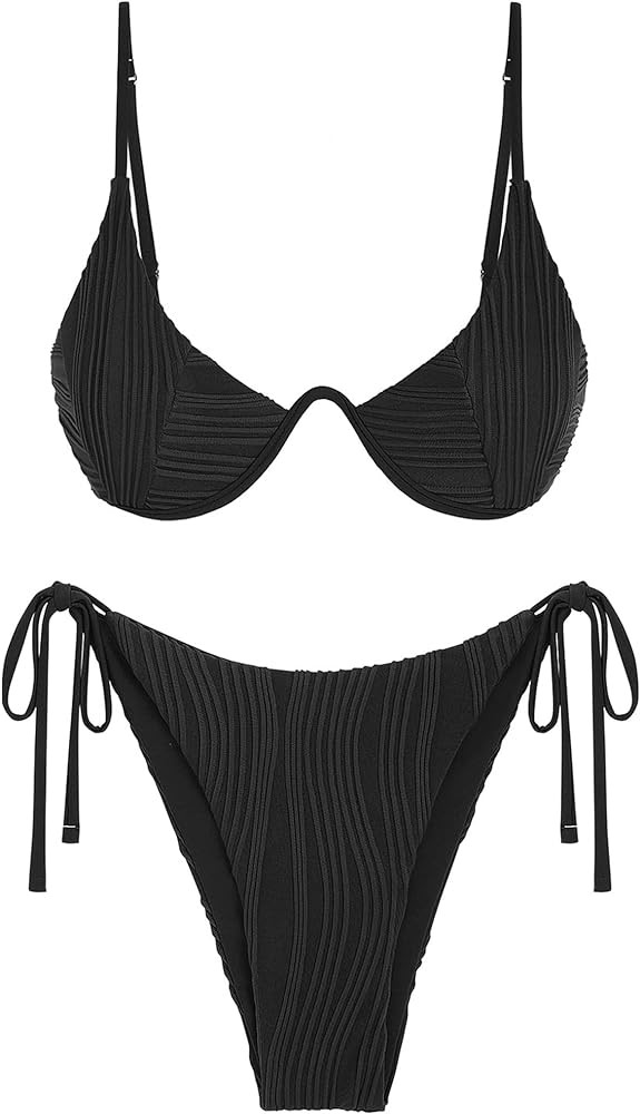 ZAFUL Women's Bikini Sets Ribbed Two Piece Swimsuits Underwire Adjustable Back Clasp Bathing Suit... | Amazon (US)