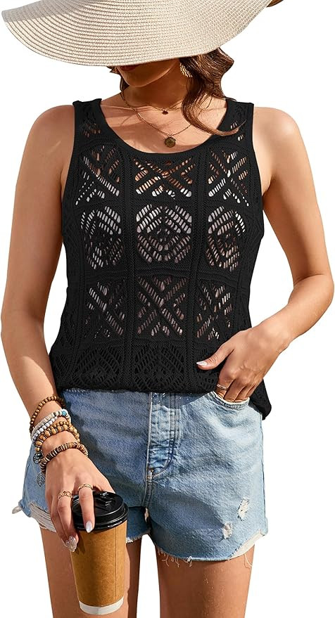 Women's Crochet Tank Tops Summer Knit Sweater Vest Hollow Out Sleeveless Boho Top | Amazon (US)