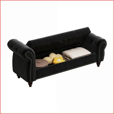 64.5” Storage Bed Bench with Tufted Design & Antique Copper Nails | Beige | Velvet | Wayfair North America