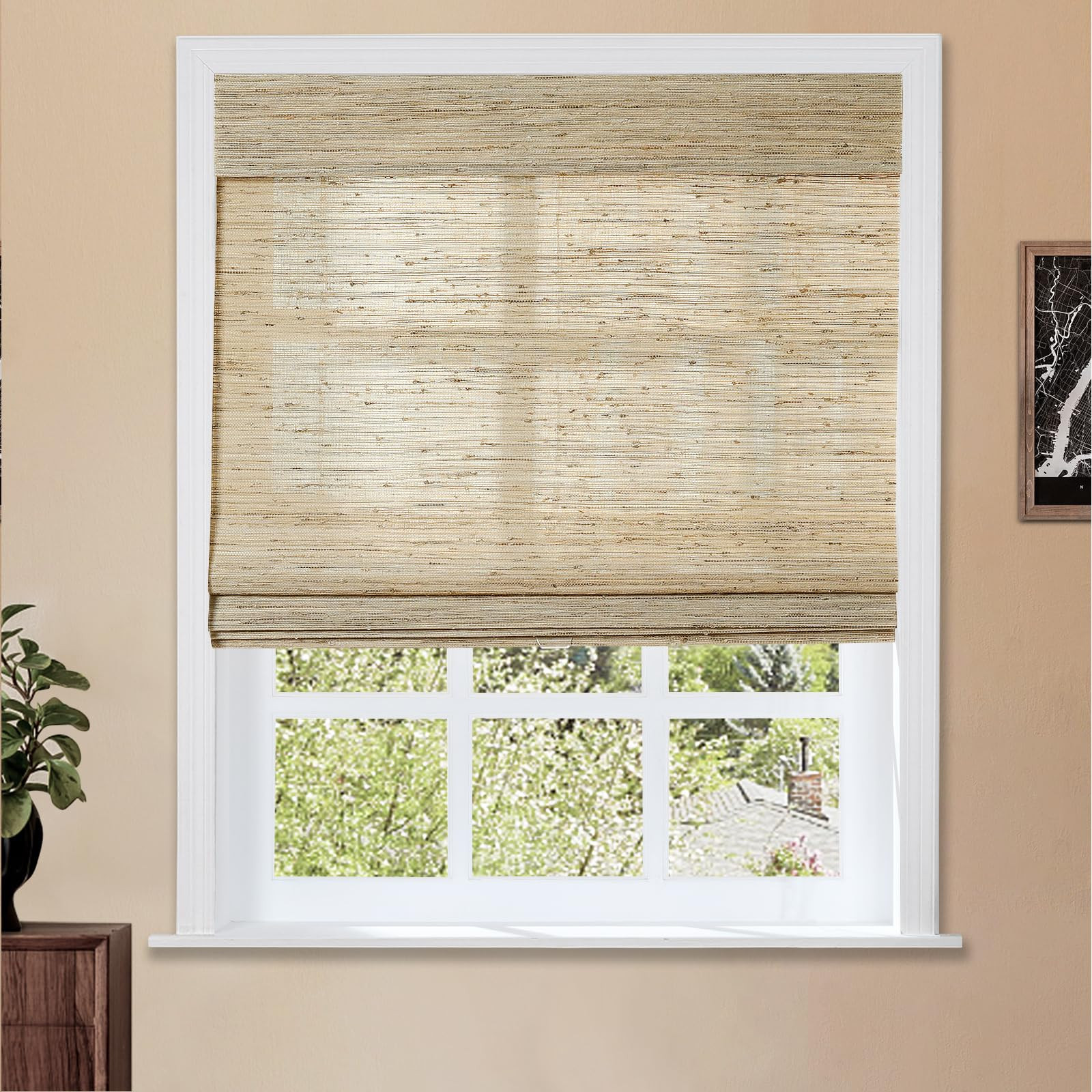 TWOPAGES Natural Cordless Ramie Roman Shade No Drill Customized Roman Blind Light Filtering Black... | Amazon (US)